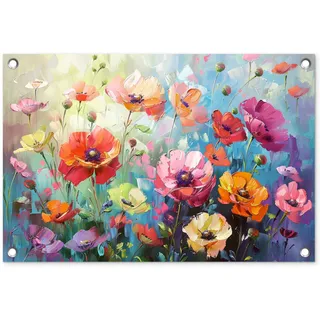MuchoWow© Gartenposter Outdoor Bilder Gartendeko für draußen Wetterfest | 60x40 cm - Garten Zaun Deko Banner Draußen Bild Gartenzaun Blumen - Bunt - Aquarelle - Natur - Sommer