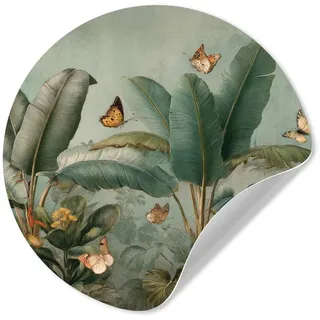 MuchoWow Wandsticker Tropisches Blattwerk - Schmetterlinge - grün - braun (1 St), Tapetensticker Selbstklebend, Wandbild Wohnzimmer, 80x80 cm 80 cm x 80 cm x 0.1 cm