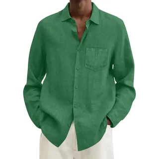 Baumwolle -Leinen-Hemd Herren Modische Langarm Regular Fit Button Down Hemd Shirts Casual Freizeithemd Stehkragenhemd Langarmhemd Strandhemd Herren