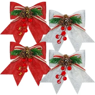4 Stück Dekorative Weihnachtsschleifen Rote Pailletten Weihnachtsbaumbögen Weihnachtsbaum Topper Bögen Weihnachtskranz Girlandenbögen (rot, Silber, 7 X 6,7 Zoll)