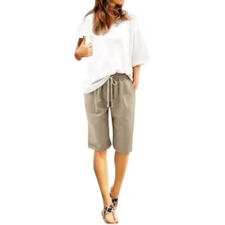 Leinenshorts Damen Boho Knielang mit Tunnelzug Kurze Hose Leinen Bermuda Shorts Sommershorts High Waist Sommer Lose Radlerhose Große Größen Damen-Shorts Sport Biker Strand Yoga Shorts Leinenhose