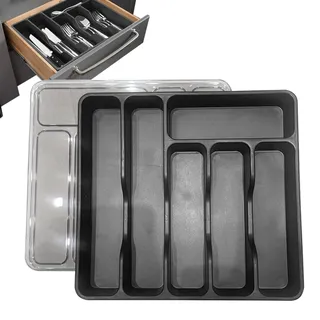 Besteckkasten mit Deckel, Besteckhalter für Schublade | Besteckkasten für Küchenschublade - Besteckhalter mit Deckel 6 Fächer für Besteck Messer