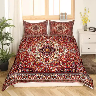 Orientalische Bettwäsche 135x200 Jahrgang Persische Blumen Bettwäsche Set für Mädchen Frauen,Boho Tribal Bett Set Traditionelle Ästhetische Bettbezug,Hippie Paisley Mandala Schlafzimmer Dekor Rot