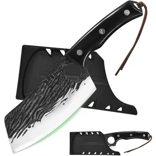 FULLHI Metzgermesser, Voll Tang serbischen Kochmesser hohen Kohlenstoffstahl Fleischbeil geschmiedet Küchenmesser für Outdoor, Camping, Geburtstag Geschenk (Schwarz, Asiatisches Kochmesser)