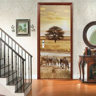 Selbstklebend Türbekleben Afrika Tiere Türtapete 85x200 cm, TürPoster Graslandzebra Türbilder 3D Türaufkleber Dekoration Poster Tapete Türfolie, PVC Fototapete Wandtattoo Tür Tapeten m9695