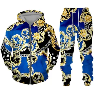 Herren Trainingsanzug Set Hip Hop Gold Kette 3D gedruckt Reißverschluss Hoodie und Jogginghose Mode Casual 2 Stück Set Sweatshirt Anzüge - XXL