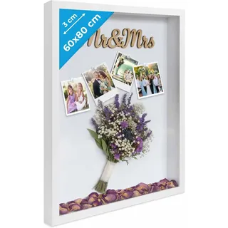 PHOTOLINI 3D Bilderrahmen zum Befüllen 60x80 Weiß groß, 3 cm tiefer Objektrahmen mit Acrylglas, tiefer Bilderrahmen 60x80 Holz MDF, Dicker 3D Rahmen befüllbar für Gegenstände Geschenk