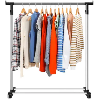 Retoo Kleiderständer auf Rollen Kleiderstange Garderobenständer Höhenverstellbar Rollgarderobe für Mäntel Röcke Hemden Pullover Edelstahl Bis 10kg Belastbar Stabil Einfache Montage Silbern