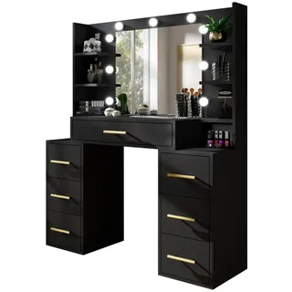 Bettso Schminktisch, Schwarz, Holzwerkstoff, Glas, 6 Fächer, 7 Schubladen, 110x140x40 cm, Schlafzimmer, Schminktische