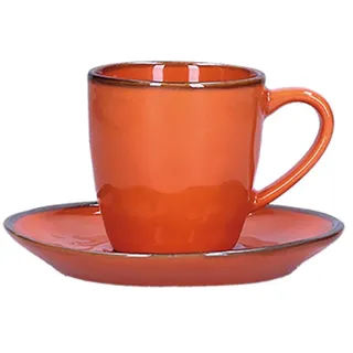 2 teil. Set Espressotasse mit Untertasse Concerto Espresso Tasse italienisch Steinzeug mediterraner Italien Retro Stil 90ml (Arancione/Orange)