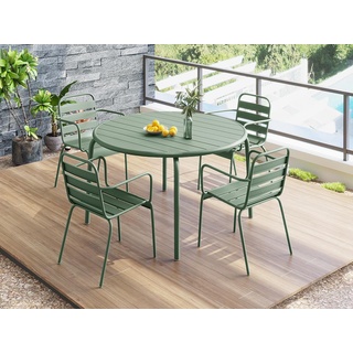 Garten-Essgruppe: Tisch D. 110 cm + 4 stapelbare Sessel - Metall - Grün - MIRMANDE von MYLIA