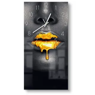 DEQORI Wanduhr 'Goldbedeckte Lippen' (Glas Glasuhr modern Wand Uhr Design Küchenuhr) goldfarben|schwarz 30 cm x 60 cm