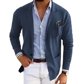 LIUYUYOUGO Anzug Herren,Herren Blazer Smart Casual Slim Fit Strickblazer Eleganter Cardigan Mit Zwei Knöpfen Strickjacke Einfarbig Langärmelig Sportmantel Business Anzug Jacken Oberteile Mit Taschen - L