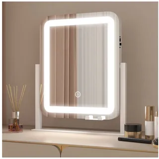 WDWRITTI Schminkspiegel mit Beleuchtung für tisch Kosmetikspiegel 3Lichtfarben Dimmbar Touch (Tischspiegel Rechteckig, mit LED, Touch), HD Kupfer- und bleifreier Spiegel, Stabile Standfuß weiß 46 cm x 54.6 cm x 12 cm