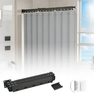 Faltbare Duschvorhangstange mit Duschvorhang, Duschvorhangstange ohne Bohren, Duschvorhang mit Stange, Wasserdicht L/U Form Duschstange für Ecke/Badewanne (Schwarz, 3 faltbar)