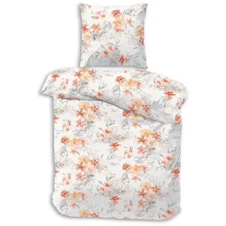 DOBNIG Bettwäsche Flanell, Flanell, 2 teilig, orange Blümchen, weißer Hintergrund orange