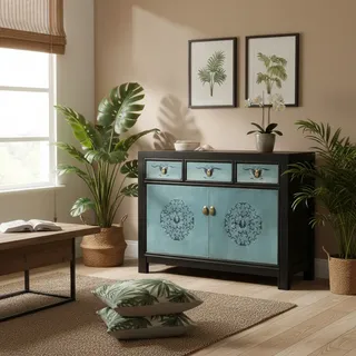 OPIUM OUTLET Möbel Kommode Schrank Sideboard Hochzeitsschrank 33082-8 schwarz-türkis asiatisch chinesisch orientalisch Holz