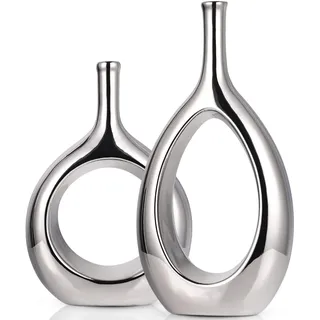 Glänzende Silberne Keramikvasen, Heimdekoration, moderner, minimalistischer Kreis mit Loch, dekorative Vase, Hohle Ellipsenblumenvasen für Bücherregal, Kaminsims, Tafelaufsätze, Bauernhaus, rustikale