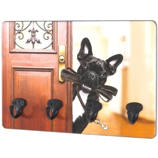 möbelando Schlüsselleiste Hund / Tür, Schlüsselboard aus MDF mit UV-Direktdruck (Hund / Tür), 4 Schlüsselhaken aus Metall in schwarz bunt|schwarz