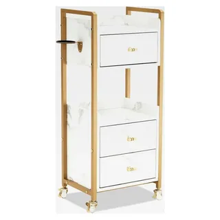 Servierwagen mit Rollen und 3 Schubladen, Friseurwagen in Weiß-Gold, Salon Trolley mit 2 Ablagen und Föhnhalter, Moderner Arbeitswagen für Bad u...