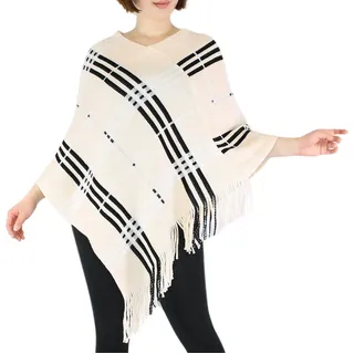 dy_mode Strickponcho Damen Strick Poncho Kariert Fransenponcho Überwurf Cape Pullover in Karo Muster, mit Fransen weiß