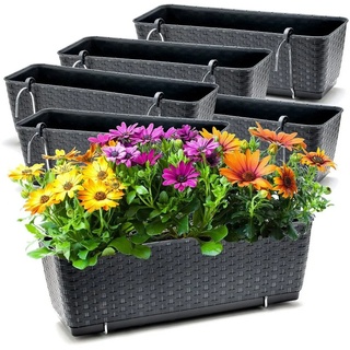 BigDean Blumenkasten 6x Bewässerungssystem + Halterung Rattan-Optik Anthrazit 49x17x17cm (6 St) 49 cm x 17 cm x 17 cm