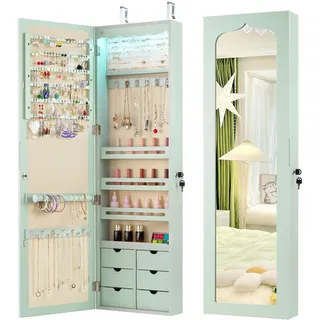 RELAX4LIFE Schmuckschrank mit automatischen LEDs, Schmuckregal mit 6 Schubladen & 3 Lagerregalen & Spiegel, Schmuckorganizer für Ohrringe Armband Kette Ringe Kosmetik, Tür- & Wandmontage (Grün)