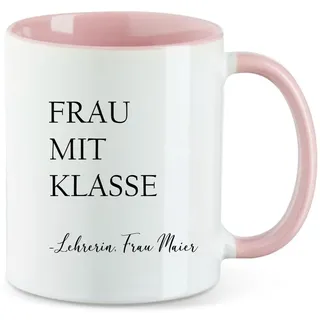 AWASG Tasse Lehrerin Frau mit Klasse – Personalisiert mit Namen – Kaffeetasse Geschenk Abschied Schule Schulabschluss Freundin Arbeitskollegin - Keramik 330ml (rosa)