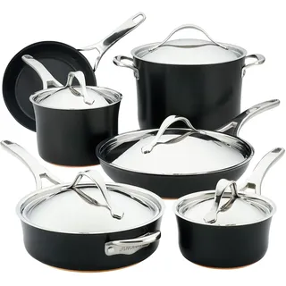 Anolon 83874 Nouvelle Copper Antihaft-Kochgeschirr Töpfe und Pfannen Set, Harteloxiertes Aluminium mit Kupfer-Mittelschicht und Antihaftbeschichtung, Onyx