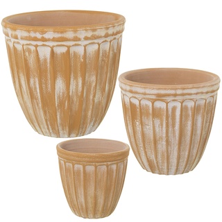 DRW Set mit 3 runden Pflanzgefäßen aus Keramik in abgenutztem Gelb, 18 x 17, 24 x 22 und 30 x 27 cm