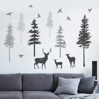 Runtoo Wandtattoo Baum Hirsch Groß Wandsticker Waldtiere Wandaufkleber Kinderzimmer Wohnzimmer Schlafzimmer