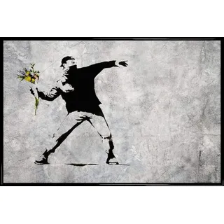 1art1 Banksy Poster Plakat | Bild und Kunststoff-Rahmen - Der Blumenwerfer, Graffiti Streetart (91 x 61cm)