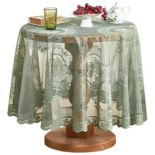 Refttenw Tischdecke Vintage Stickerei Elegante Blume Runde Spitze Tischdecke mit Rüschen grün 180 cm x 180 cm