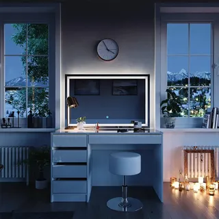Vicco Schminktisch Sherry, Weiß/Gold, 120 cm mit LED-Spiegel und Hocker, mit LED-Beleuchtung und gepolstertem Sitzhocker