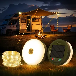 FOMYHEARD 10M Camping Lichterkette Aufrollbar, 3 in 1 Outdoor Lichterkette | Solar & USB Aufladbar Campinglampe, 8 Beleuchtungsmodi,Tragbare Wasserdicht LED Lichterkette Außen für Camping,Hof,Wandern