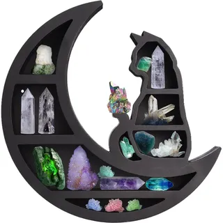Mondregal Im Katzen-Design, Hölzernes Kristallregal, Schmuckhalter, Einzigartiger Kristallregal-Präsentationsständer, Schwarze Holzvitrine für Kristalle, Steine, ätherisches(Katze auf dem Mond)