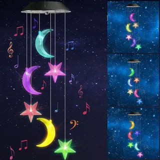 iShabao Sternmond Solar Windspiel für Draußen,6 LED Solar Windspiel Außen