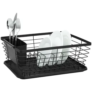 Luckyberg Geschirr Abtropfgestell,Trockner mit Kunststofftropfschale, Stahl-Kunststoff GeschrrständeriBesteckcontainer, Schwarz 36x30x14,5cm