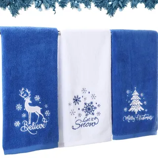 Tiamon Weihnachtshandtücher für Badezimmer, Baumwolle, bestickt, 34 x 74 cm, Weihnachts-Schneeflocke, Geschirrtuch, Fingerspitzen-Handtuch, dekorativ für Winter, Urlaub, Küche, Bad, Geschenk (Blau,