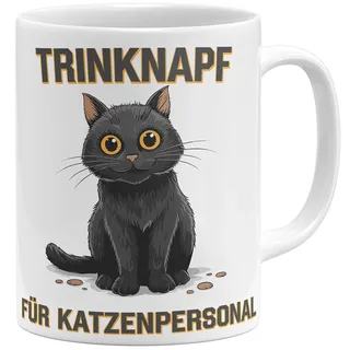 OM3® witzige Kaffee-Tasse mit Spruch - Trinknapf für Katzenpersonal - Katzenliebhaber Katze I - Keramik Becher - 325ml - Beidseitig Bedruckt - Weiss