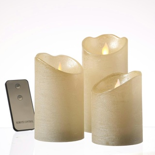 LED Kerzenset Echtwachs bewegliche Flamme Fernbedienung creme glänzend 3St.