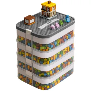 KRUZZEL Bausteine Aufbewahrungsbox 29L mit Griff & Trennwänden – 4 Etagen Stapelbox Transparent für Spielzeug & Schulbedarf Kinder