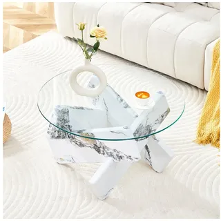 HAUSS SPOLE Couchtisch Rundglas klare Platte,Kaffeetisch Wohnzimmertisch Kreuzgestell Marmor (Sofatisch 79x79x45 mit dicke gehärtete Glasoberfläche), Loungetisch einfach und modisch mit Kreuzholzrahmenform weiß