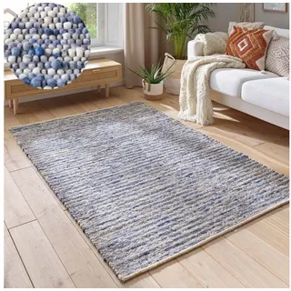 TaraCarpet Wollteppich TaraCarpet Neidenfels handgewebter Schurwollteppich mit schwarzer, rechteckig, Höhe: 9 mm, gewalkt Schurwoll-Teppich blau Wohnzimmer Schlafzimmer 130x190 blau 130 cm x 190 cm x 9 mm