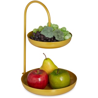 Relaxdays Etagere, 2 stöckig, Metall, HxBxT: 31 x 23 x 20 cm, runde Früchteschale für Obst, Gemüse & Kekse, Gold