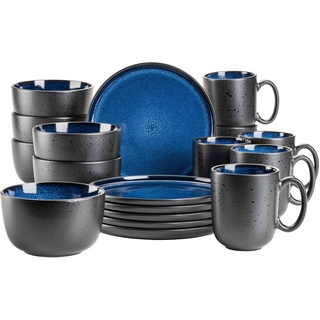 MÄSER 931971 Serie Niara, Modernes Geschirr Set für 6 Personen in aufregendem Vintage Look, 18-teiliges Frühstücksgeschirr Service aus Keramik in Blau und Schwarz, Steinzeug