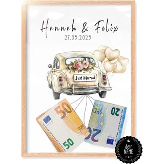 myDreamwork® PERSONALISIERTE Geldgeschenke zur Hochzeit - ausgefallenes Hochzeitsgeschenk - Hochzeitsgeschenk personalisiert - Just Married Spardose Hochzeit (Auto - Bohamian, A5 (mit Rahmen))