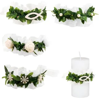 Set mit 4 Kerzenwachs-Schutzringen – Dekorativer Kerzenring aus künstlichen Blumen und weißem Organza, 7 cm, perfekt für Taufen, Kommunionen u...