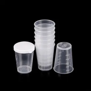 10 x 50 ml Messbecher, transparenter Kunststoff, Medizin, Messbecher mit weißem Deckel, Behälter, Messbecher