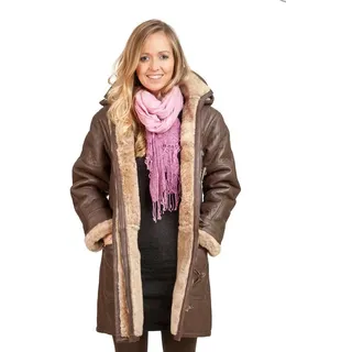 Frauen Braun Lange Winterlich Mit Kapuze Shearling Schaffell Leder Duffle Mantel M - M